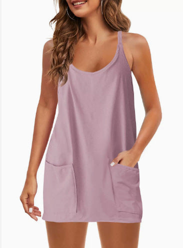 Tanming Women's Athletic Sleeveless Mini Dress with Built-in Shorts Summer V Neck Spaghetti Strap Short Spring Tennis Dress with Pockets